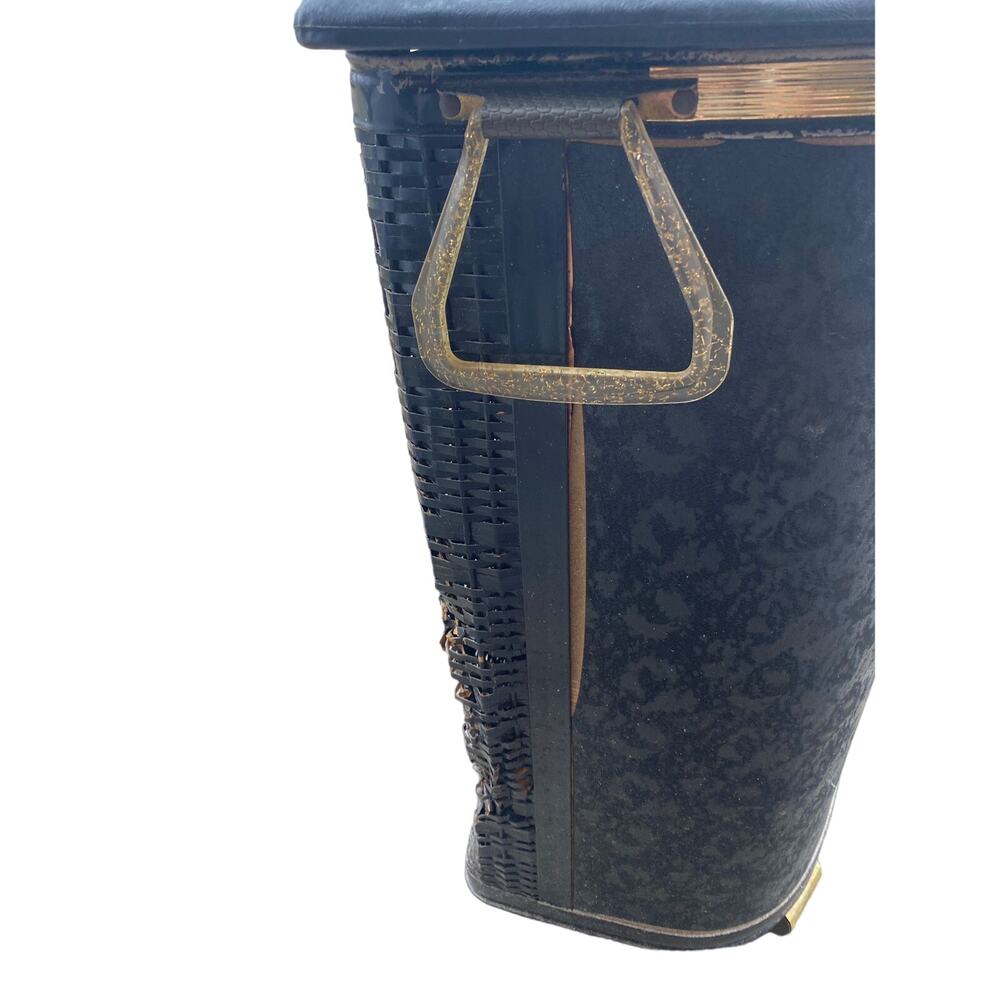 vintage MCM Pearl Wick Black Hollywood Regency Laundry Hamper, Hinged Lid 24" hi - Picture 7 of 11